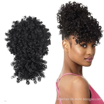 Hot Selling Black Short Drawstring Ponytail Puff Hair Pieces Afro Kinky Curly Chignon With Bangs Synthetic Hair Bun Extensions